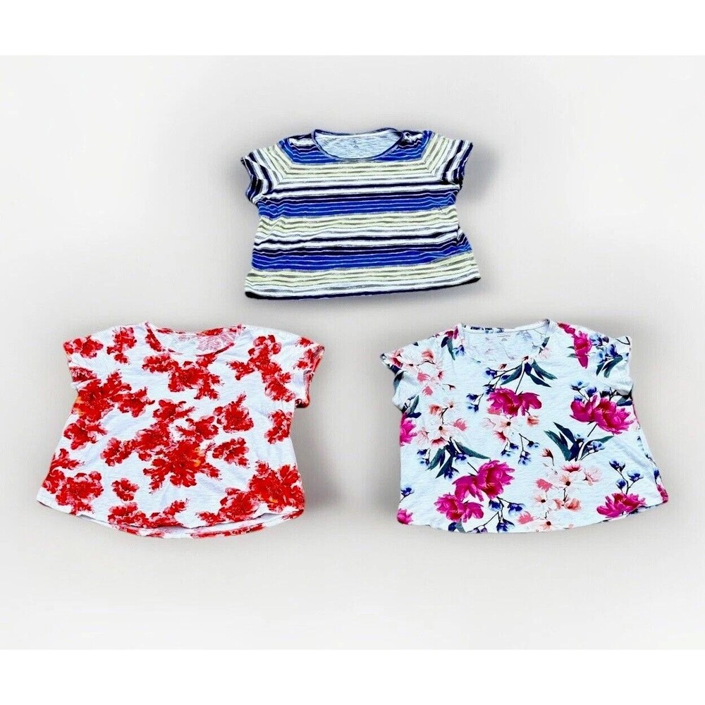 Lot of Three (3) Women's Size 3X Coastal Floral Striped Lands End Tee Shirts